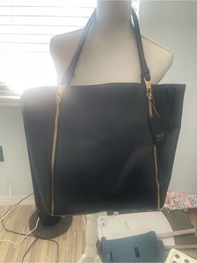 Black Vegan Leather Tote Bag with Gold Hardware
